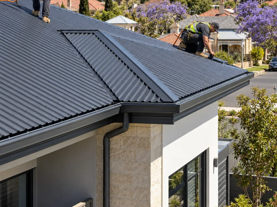New charcoal corrugated steel roof with new gutters
