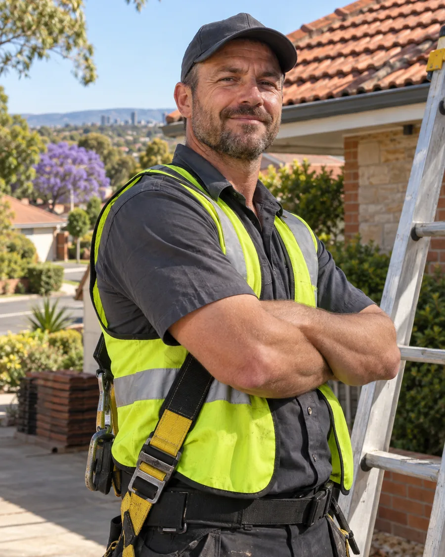 Adelaide roofer standing beside a ladder with a tiled roof behind