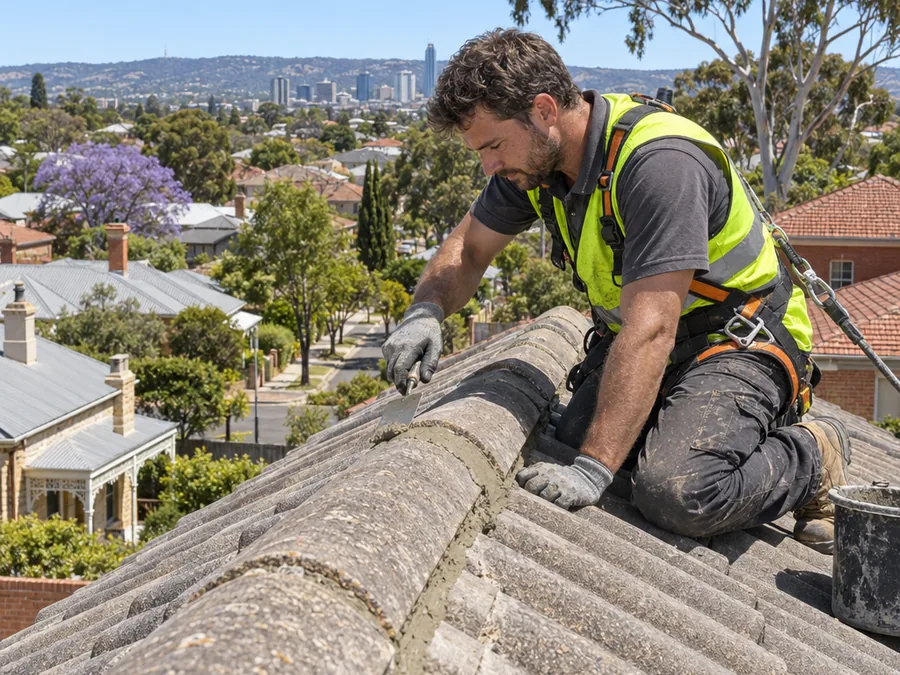 Roofer repointing a ridge cap on a concrete tile roof