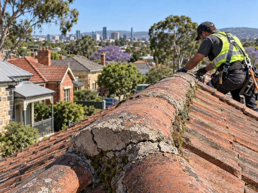 Cracked cement ridge mortar on a terracotta tile roof in Adelaide