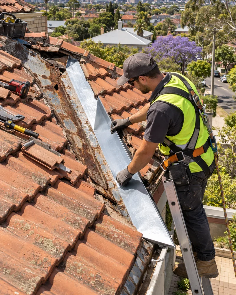 Roofer replacing a rusted valley iron on a terracotta roof