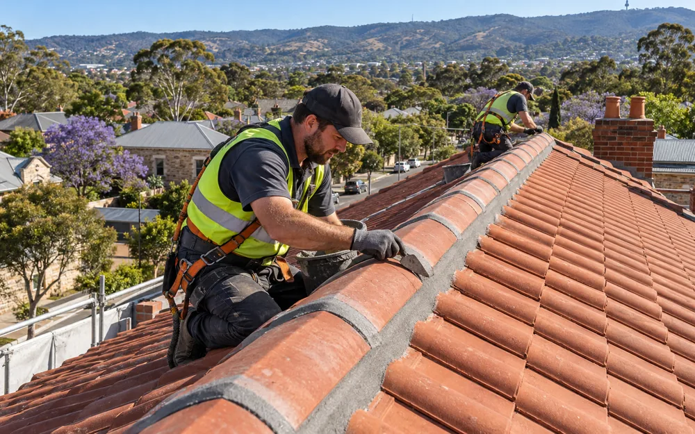 Freshly repointed ridge capping on a red terracotta roof