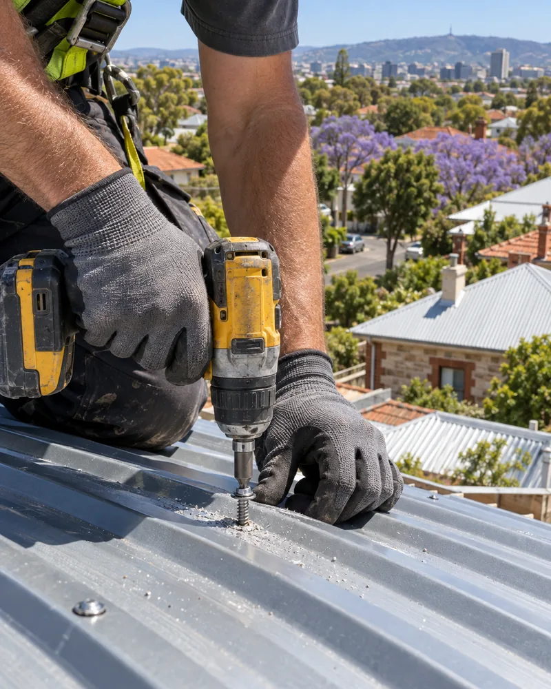 Roofing screw being driven into a corrugated steel sheet