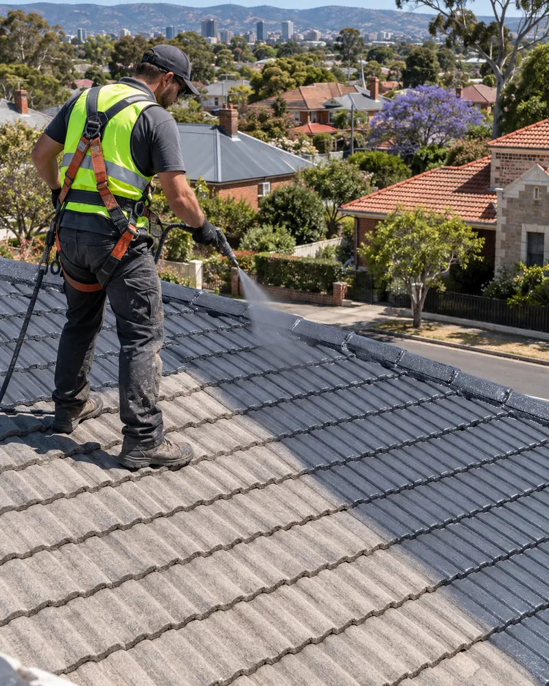 Roof membrane coating being sprayed onto cleaned concrete tiles
