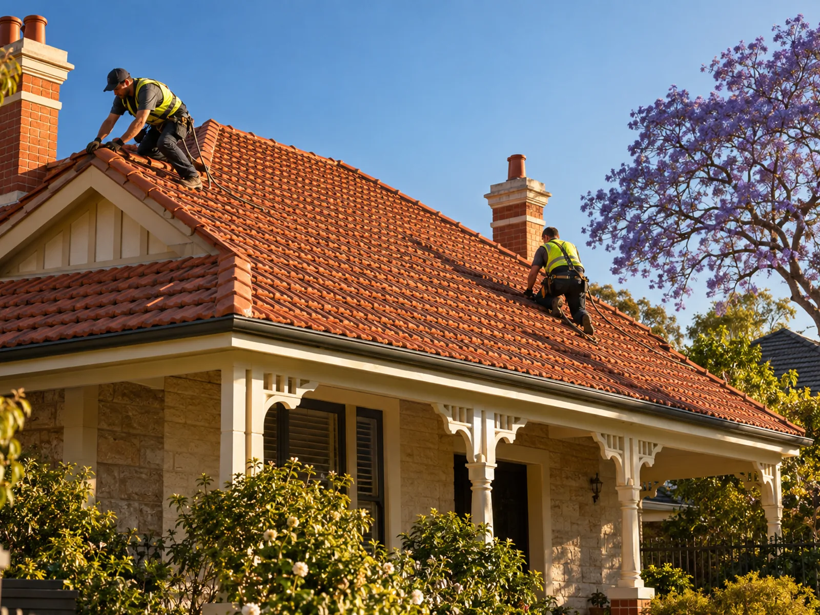 Adelaide bungalow with a steep terracotta tile roof and two brick chimneys