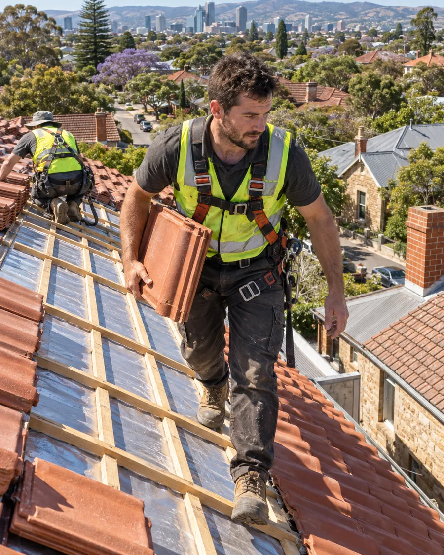 Roofer carrying a new terracotta tile across a partly stripped roof in Adelaide